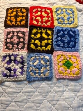 Colorful Crochet Granny Squares Set lot of (9) multicolor 5”